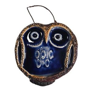 Vintage Ceramic Owl Wall Plaque Cobalt Blue Glazed Pottery Decor Mid Century